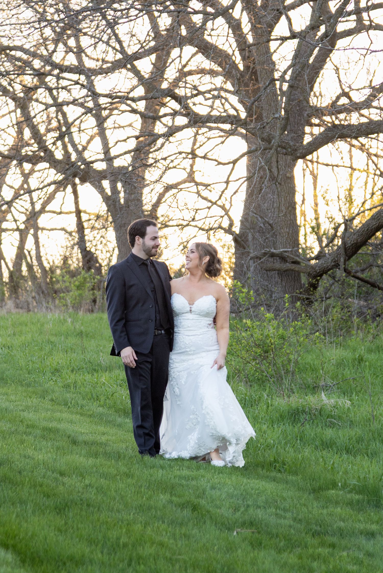 Peaceful walk for bride and groom on their first day married.