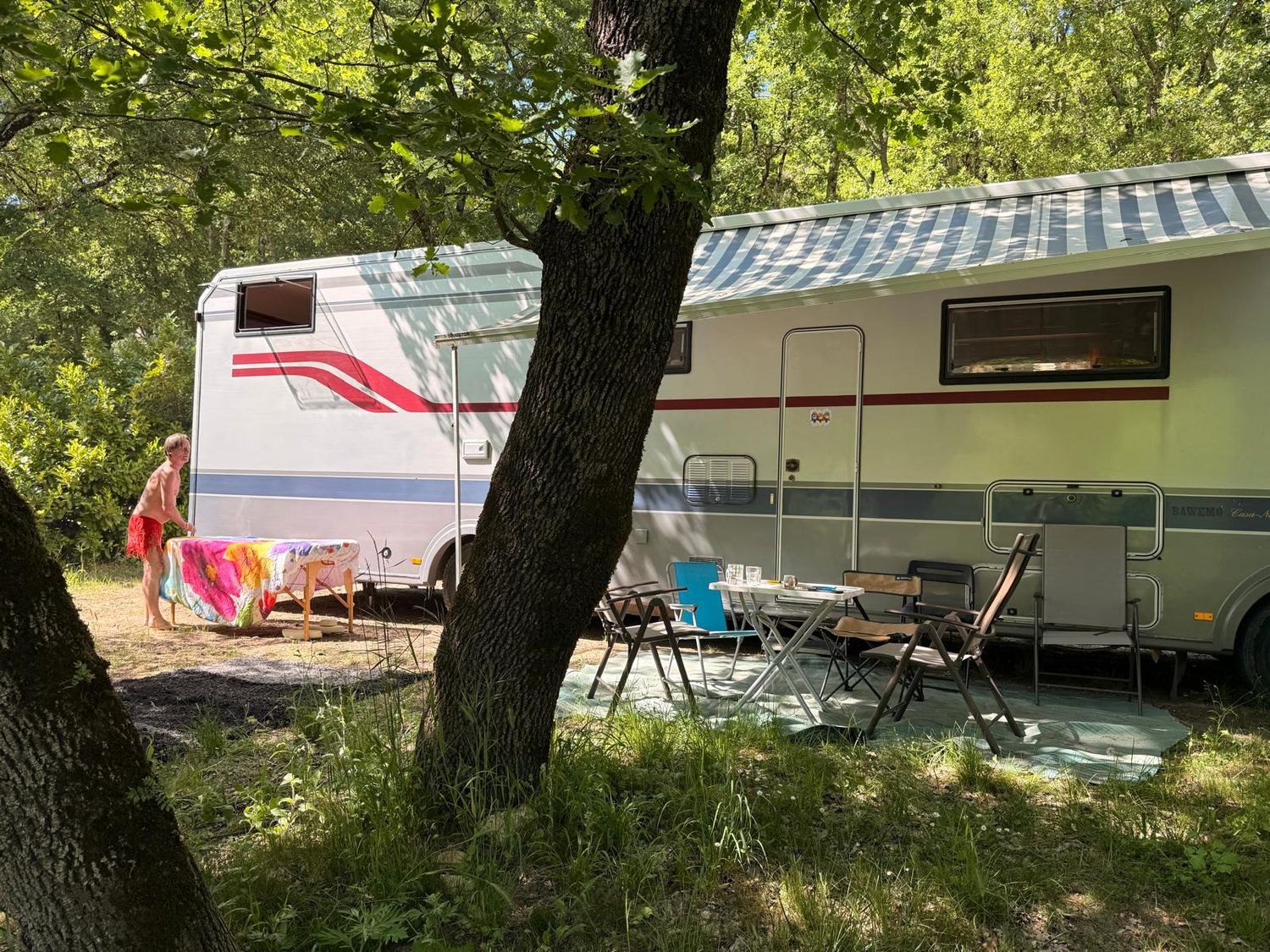table de massage et bus aménagé en pleine nature