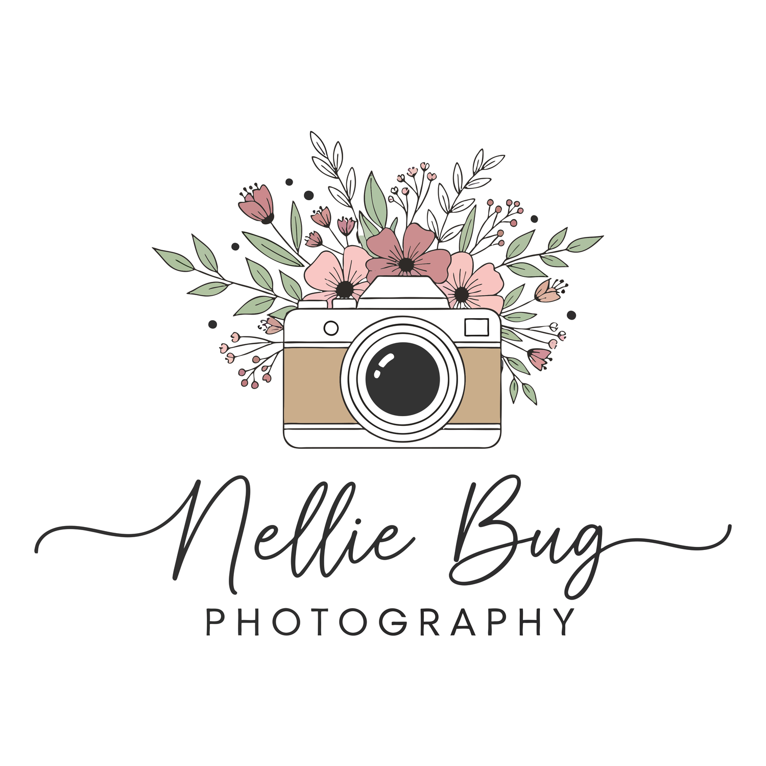 Nellie Bug Photography logo featuring a vintage camera adorned with pink flowers and green leaves.