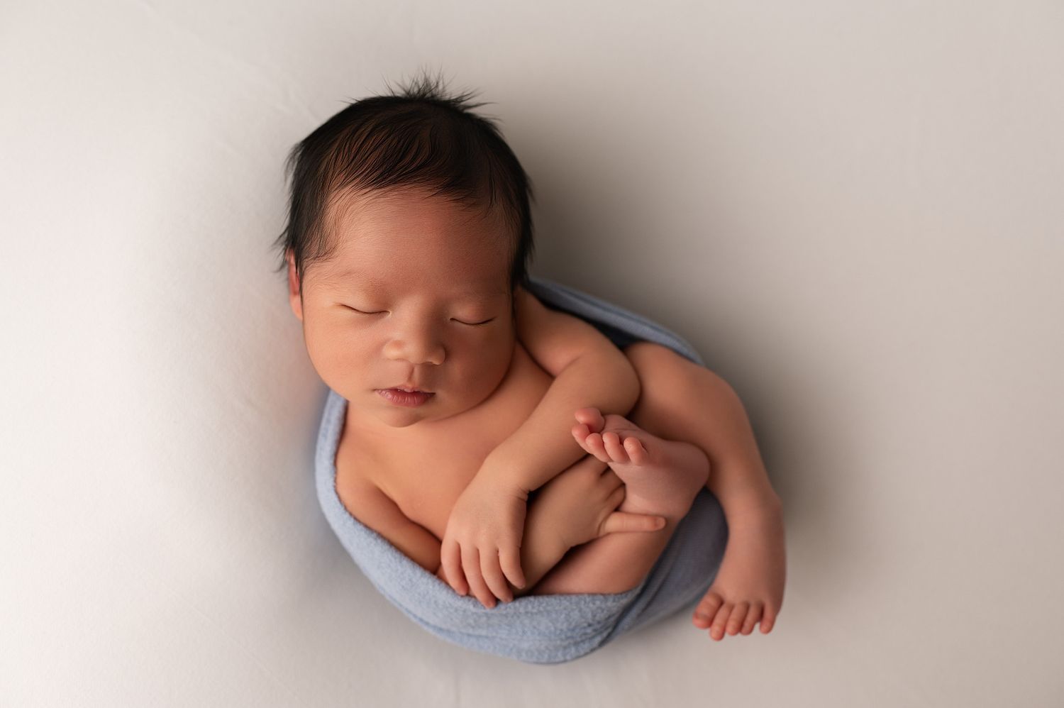 Peaceful newborn baby sleeping curled in a blue wrap on a soft white background.