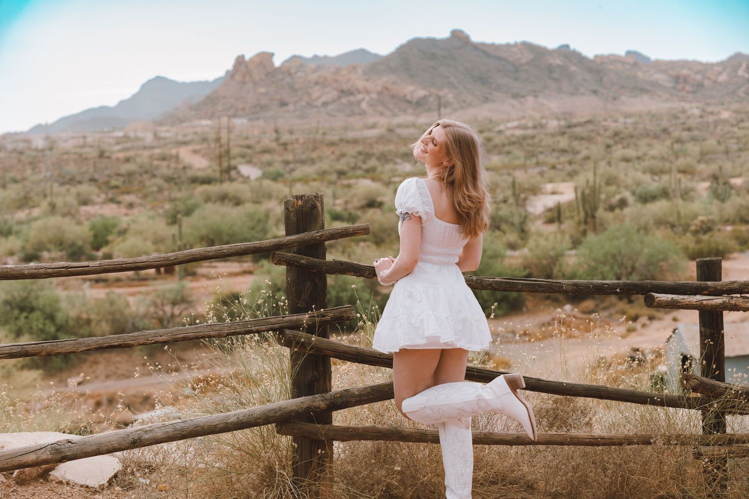 western style photoshoot with mountains and cactus in the background. mini dress and cowboy boots