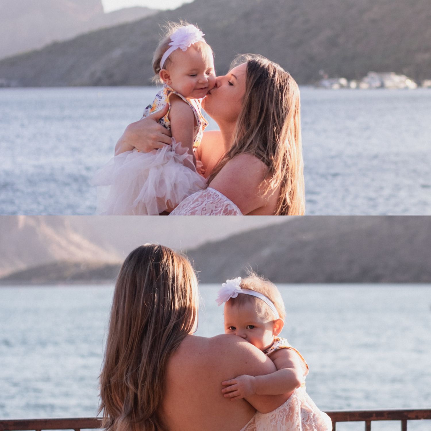 beautiful mother and daughter mother and baby photoshoot. arizona lake in the background and pregnancy photoshoot