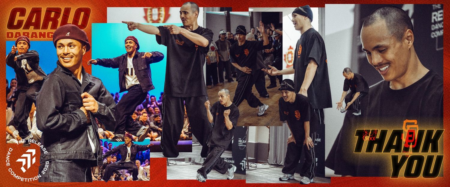 Carlo Dadon breakdancing on stage, celebrating with crowd applause at a hip-hop dance event.