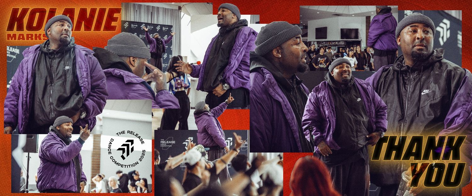 Kolanie Marks speaks at an event wearing a purple jacket, with a Thank You message displayed alongside collaged performance photos.