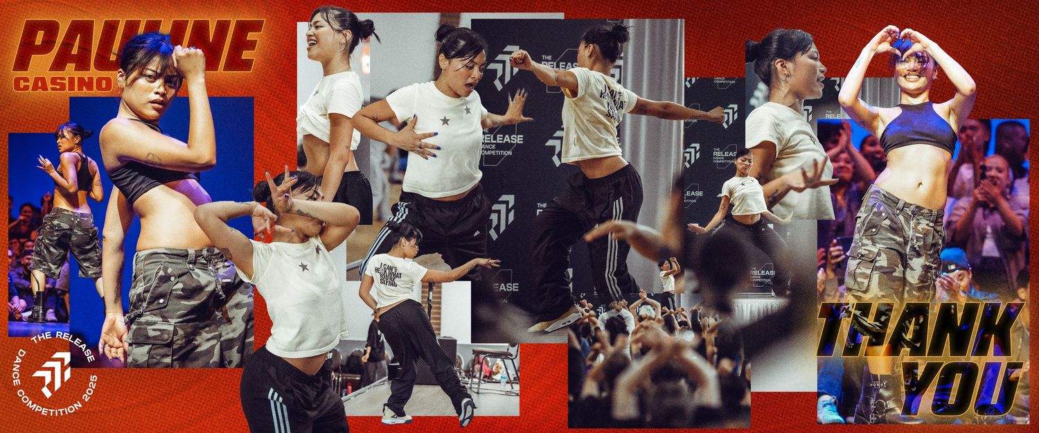 Energetic dance performers in camo outfits at Pauline Casino event, dynamic group choreography with Thank You text overlay.
