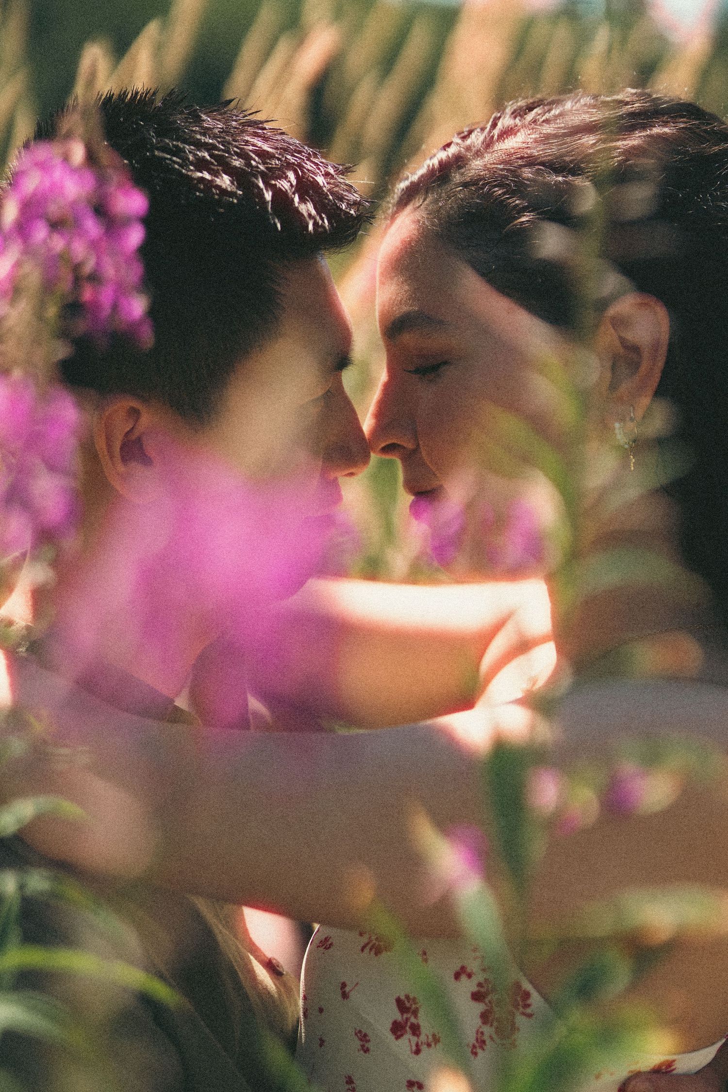 Two people sharing a romantic moment surrounded by vibrant pink wildflowers in a sun-drenched outdoor setting.