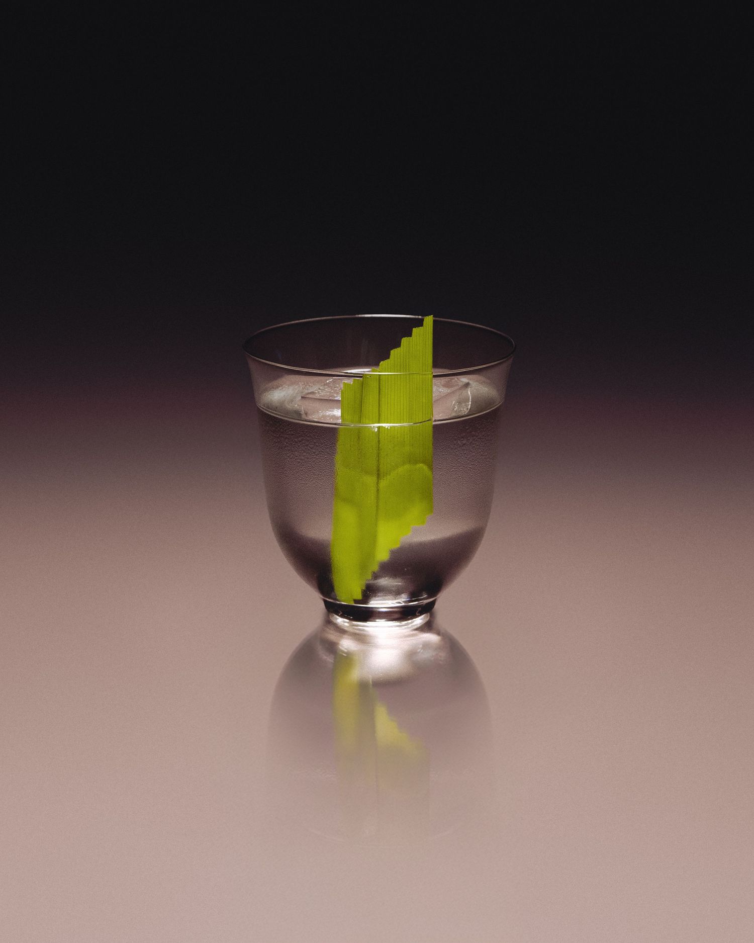 A bright green leaf standing upright in a clear glass of water against a dark gradient background.