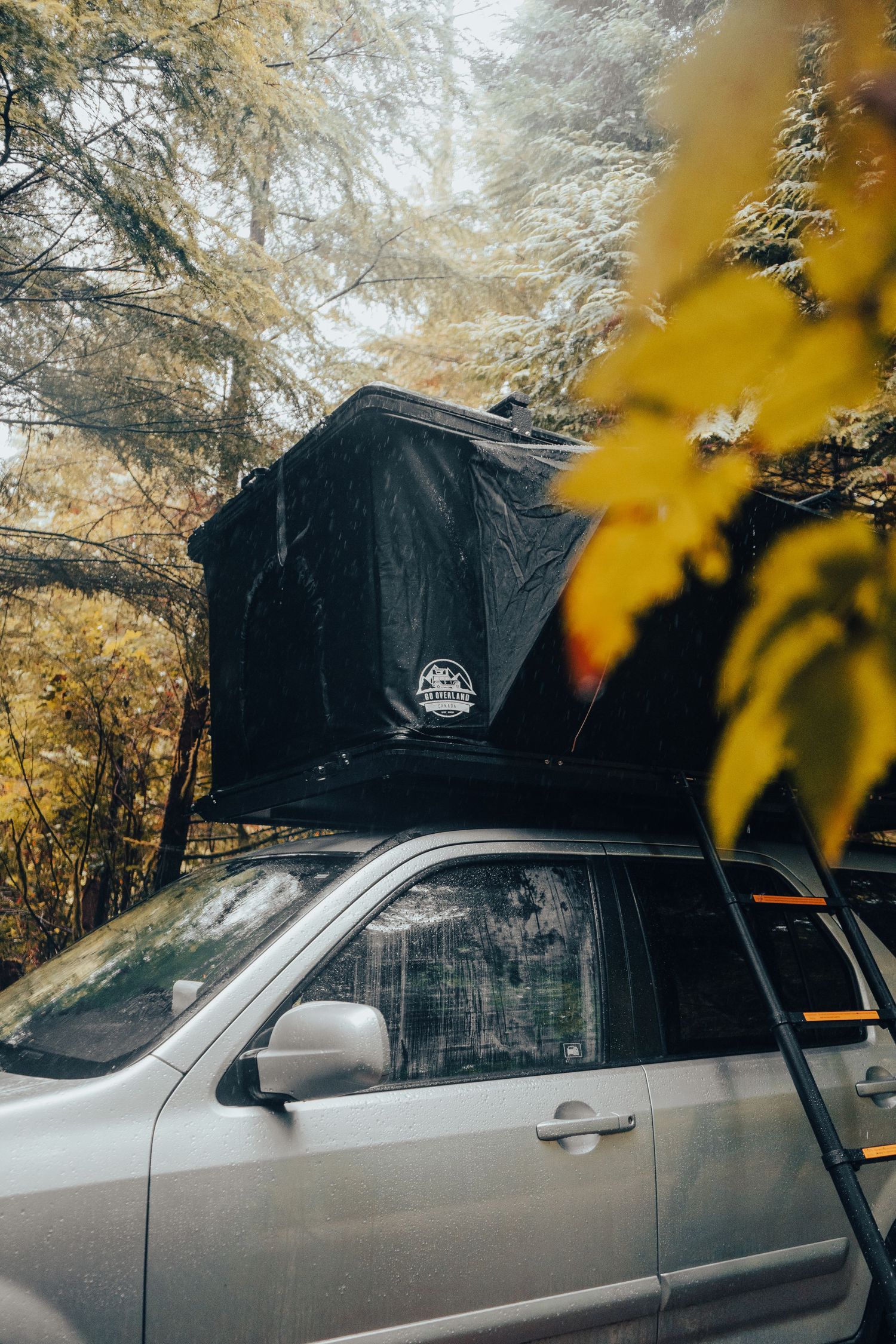 Silver SUV with black rooftop tent set up in an autumn forest campsite surrounded by yellow foliage.