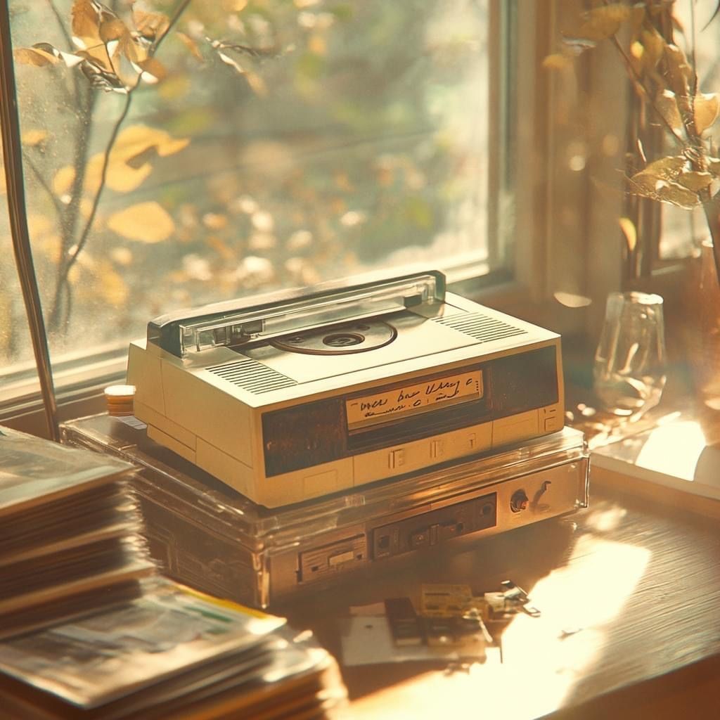 Vintage record player on a sunlit wooden windowsill surrounded by autumn leaves and vinyl records in warm golden light.