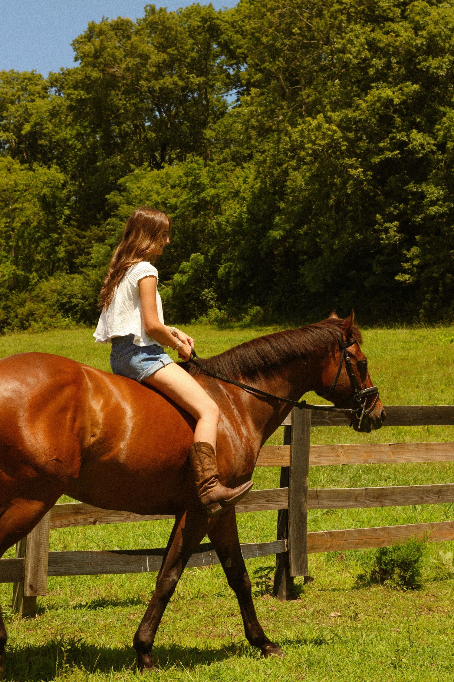 Young girl in denim shorts and cowboy boots riding a chestnut horse along a wooden fence in a green pasture.