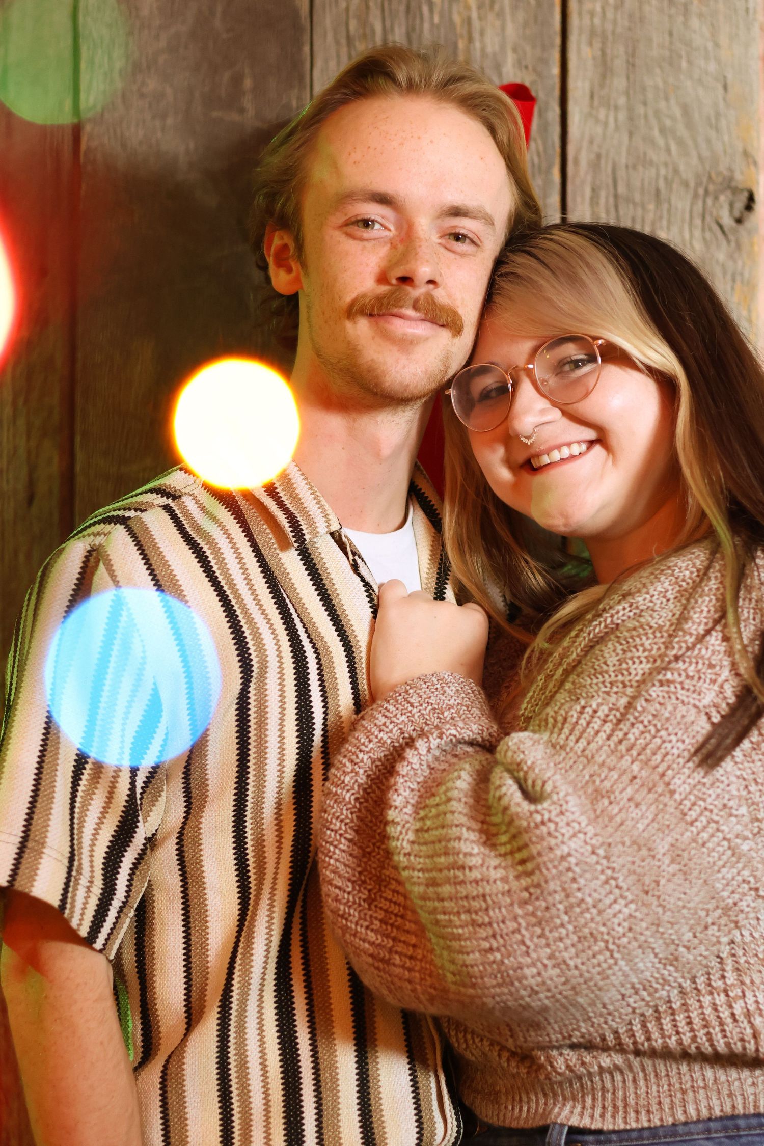 A series of candid photos showing a couple embracing and smiling together in warm lighting.