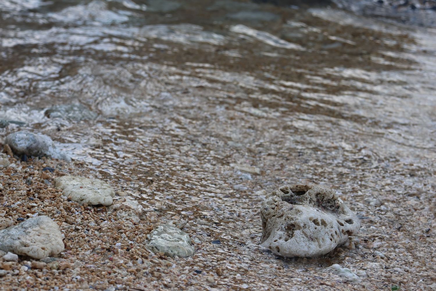 Closeup view of rocky terrain with rough textured surface in natural lighting.