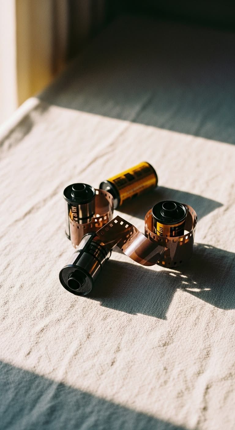 35mm film rolls and canisters scattered on a textured white surface in warm natural sunlight.