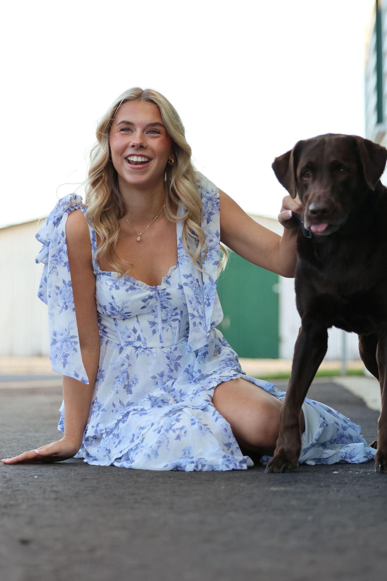 A series of playful photos showing someone in a blue floral dress posing on the ground with a happy black Labrador dog.