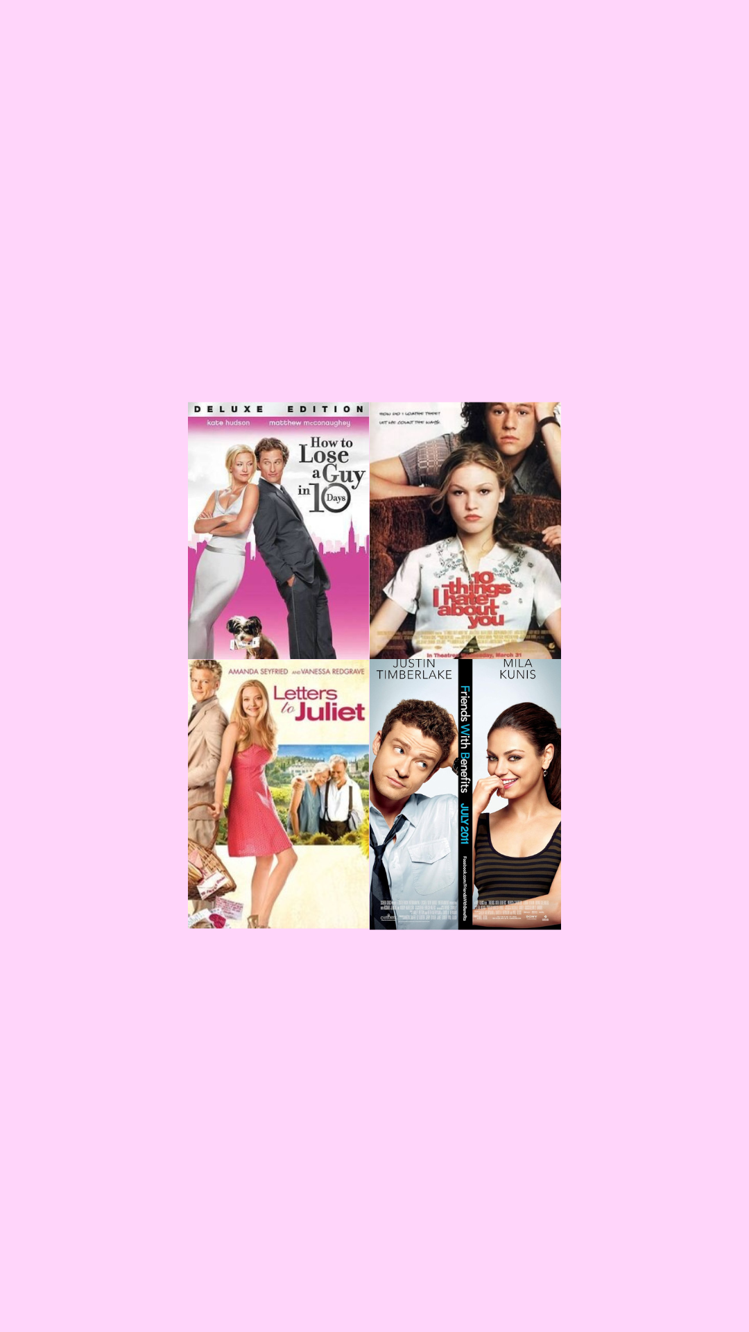 Collage of four romantic comedy movie covers including How to Lose a Guy in 10 Days, Letters to Juliet, and Friends with Benefits.