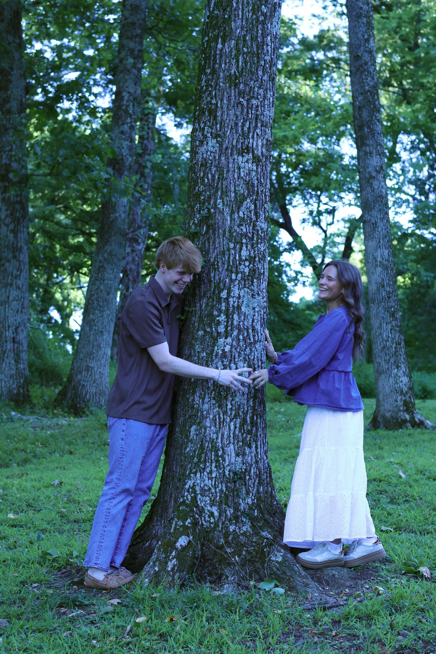 A sequence of playful moments around a large tree trunk in a green woodland setting.