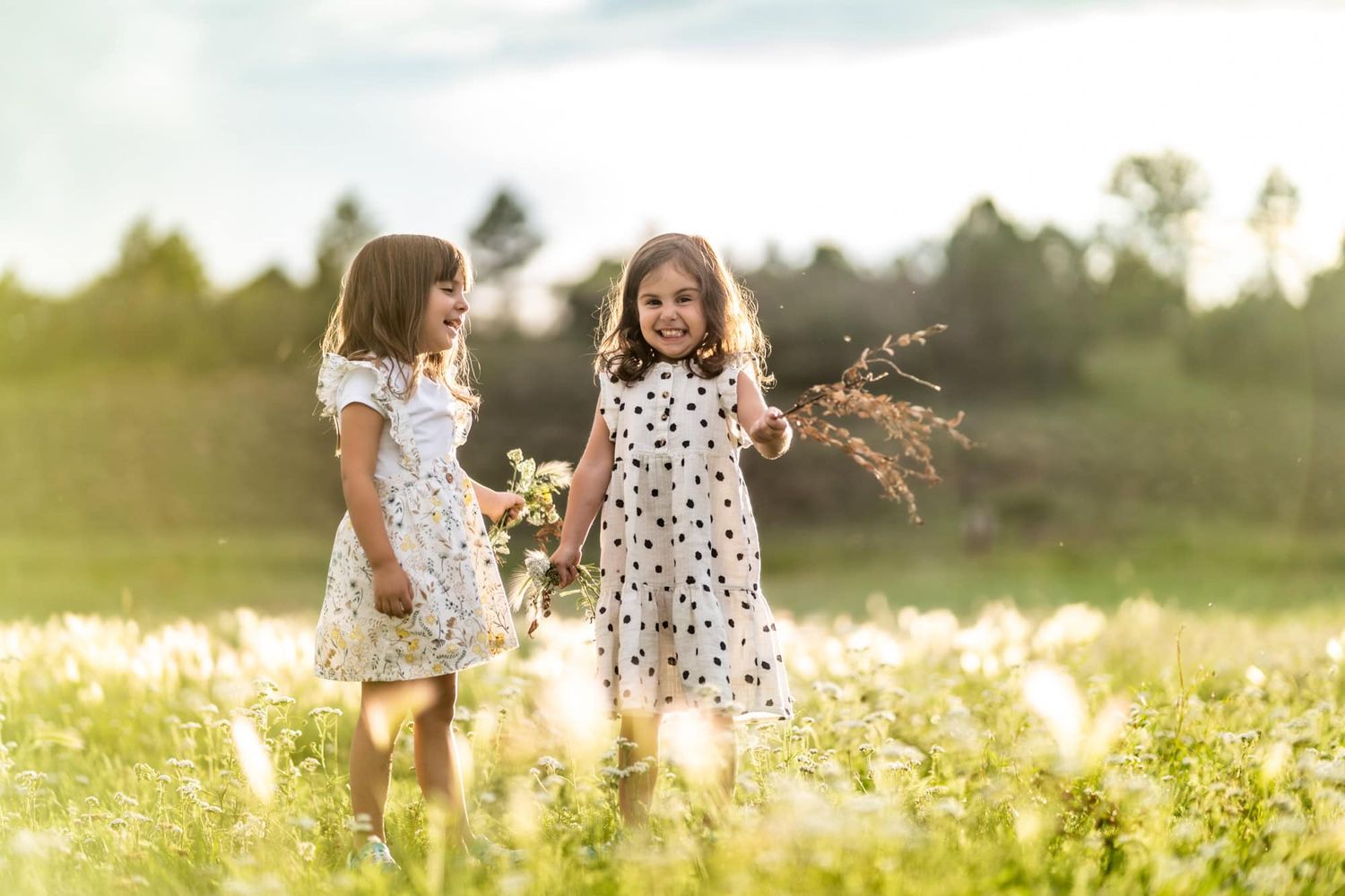 Two people playing with wildflowers in a sunny summer meadow.