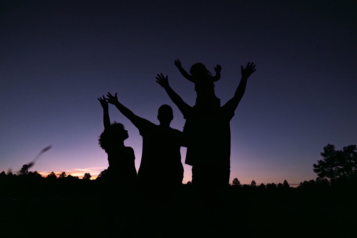 Three silhouettes raise their arms in celebration against a dusky purple sunset sky.