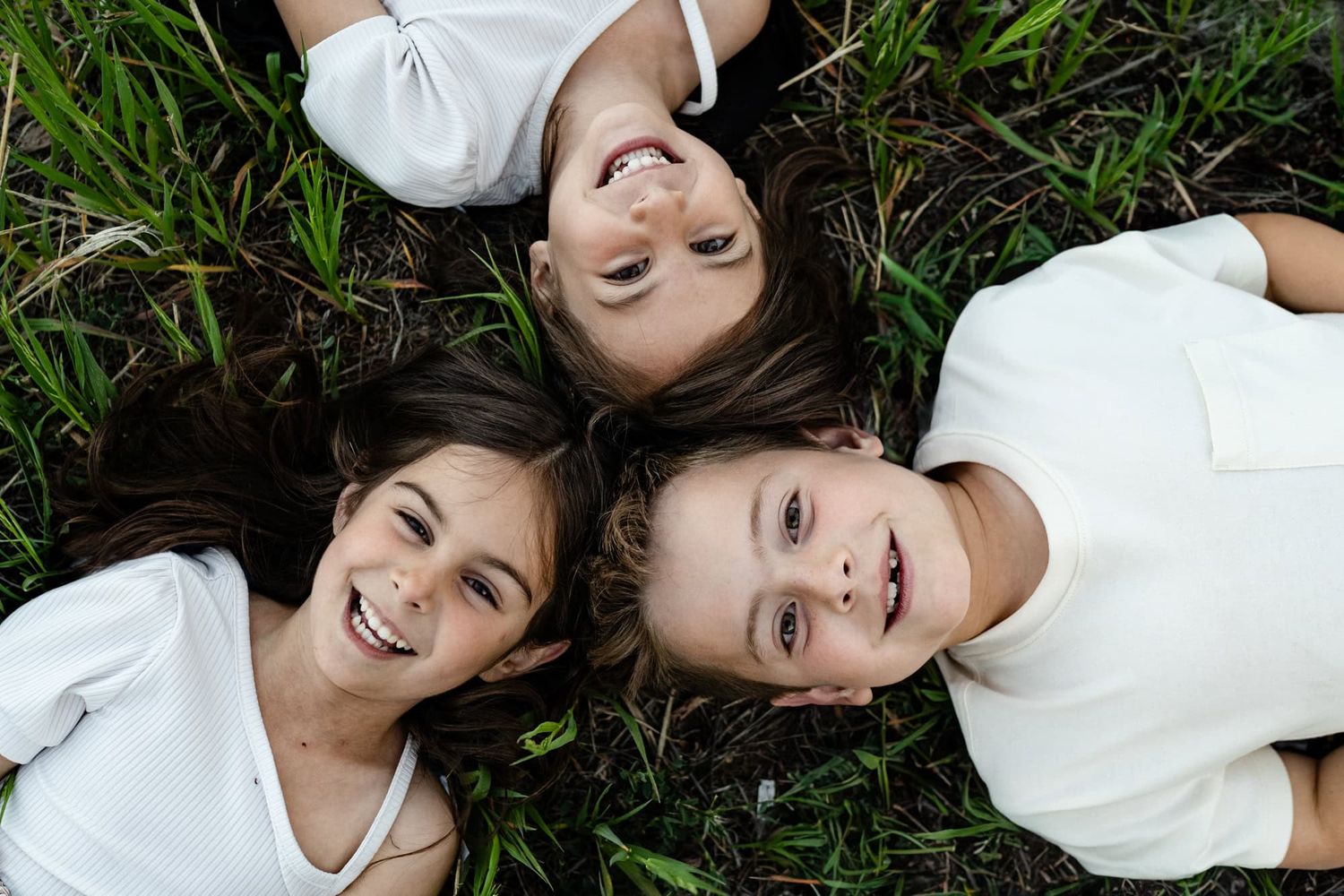 Three people lying in green grass forming a circle for playful overhead portrait.