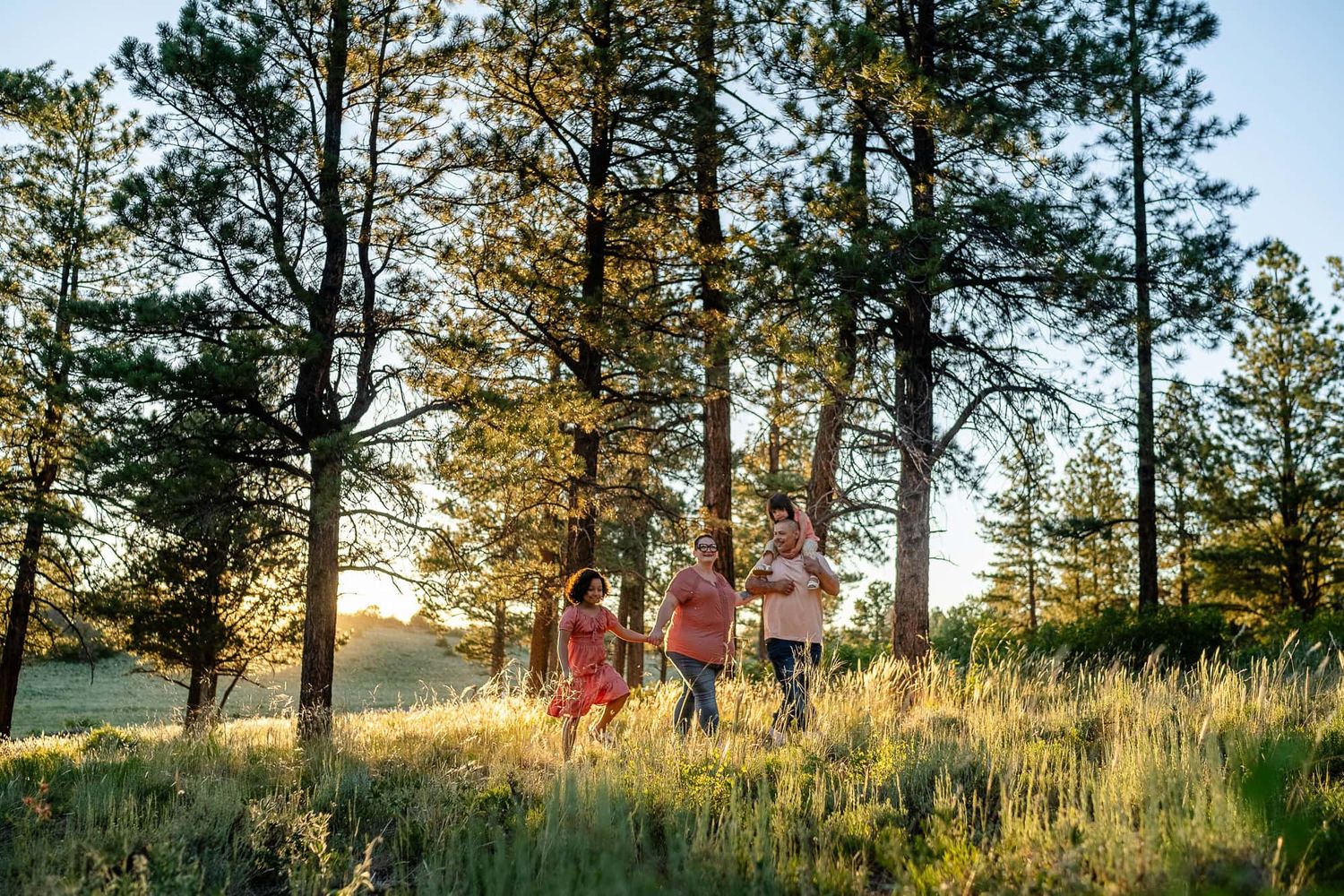 A family walking through a sunlit pine forest trail during golden hour.