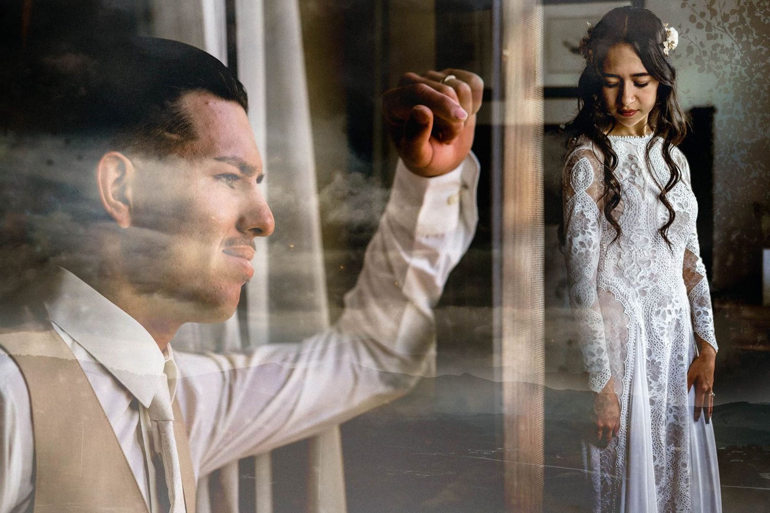 A romantic double exposure wedding photo showing a couple in elegant vintage attire with dreamy lighting effects.