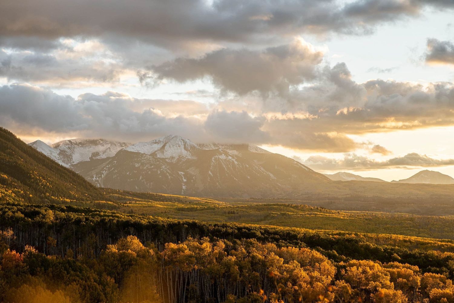 Snow-capped mountains and golden aspen trees at sunset in dramatic landscape. Photography captured on Kebler pass in Colorado