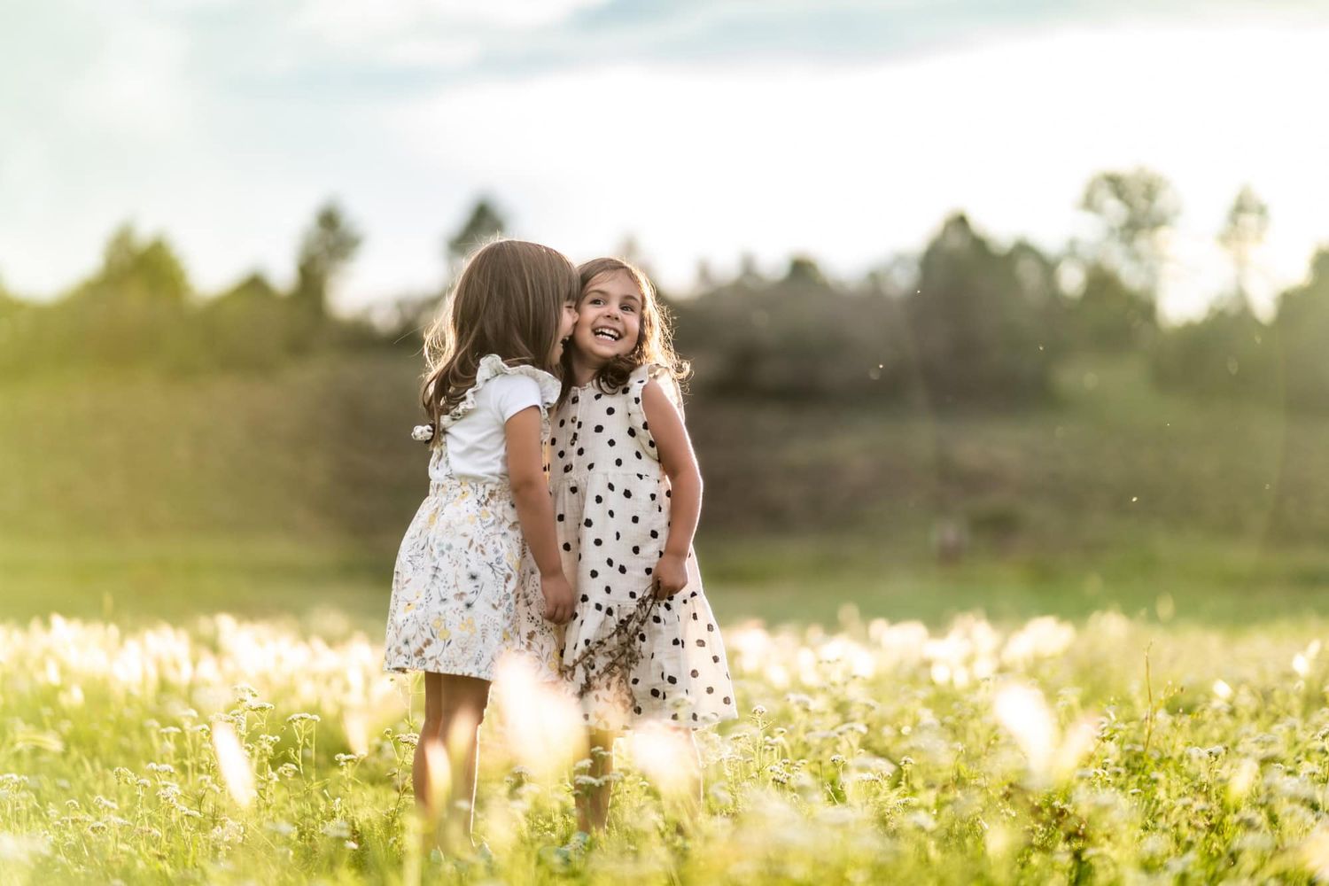 Two people playing and laughing together in a golden wildflower field at sunset.