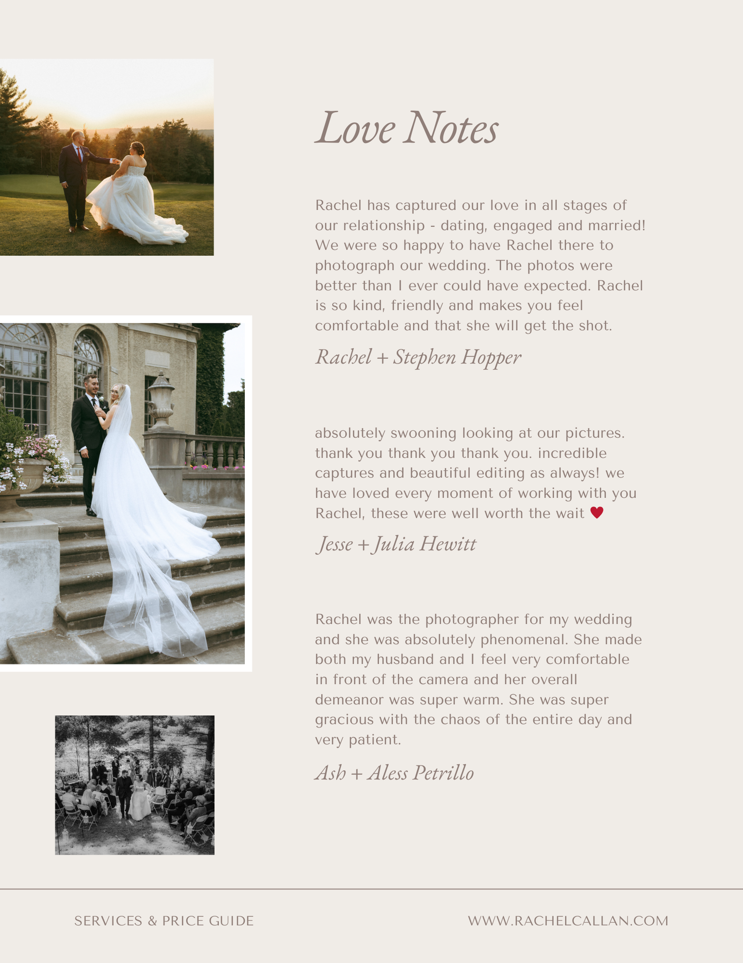 A collection of wedding photography layout pages showing elegant black and white images and text on light backgrounds.