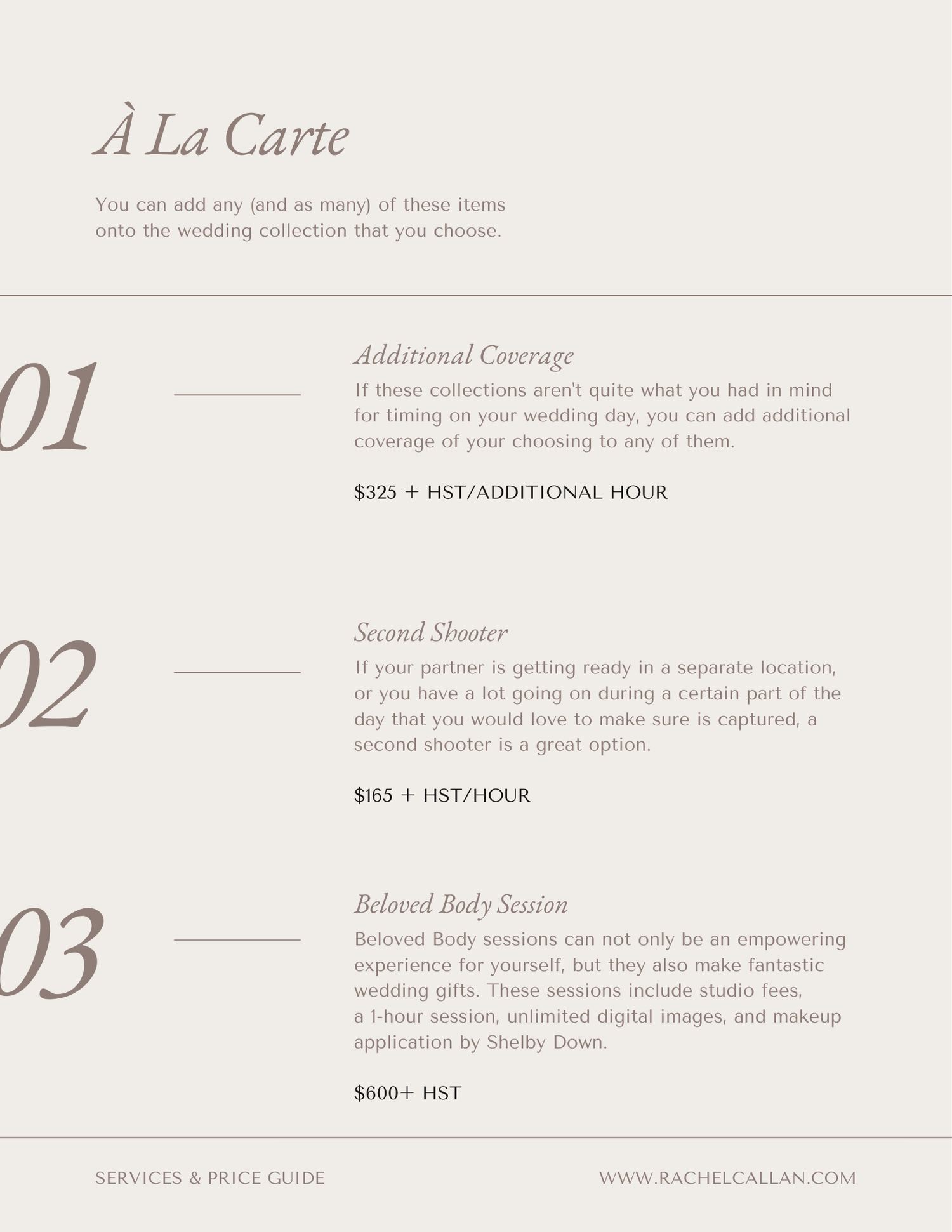 A minimalist wedding menu design showing numbered sections 01, 02, and 03 in elegant typography against a light background.