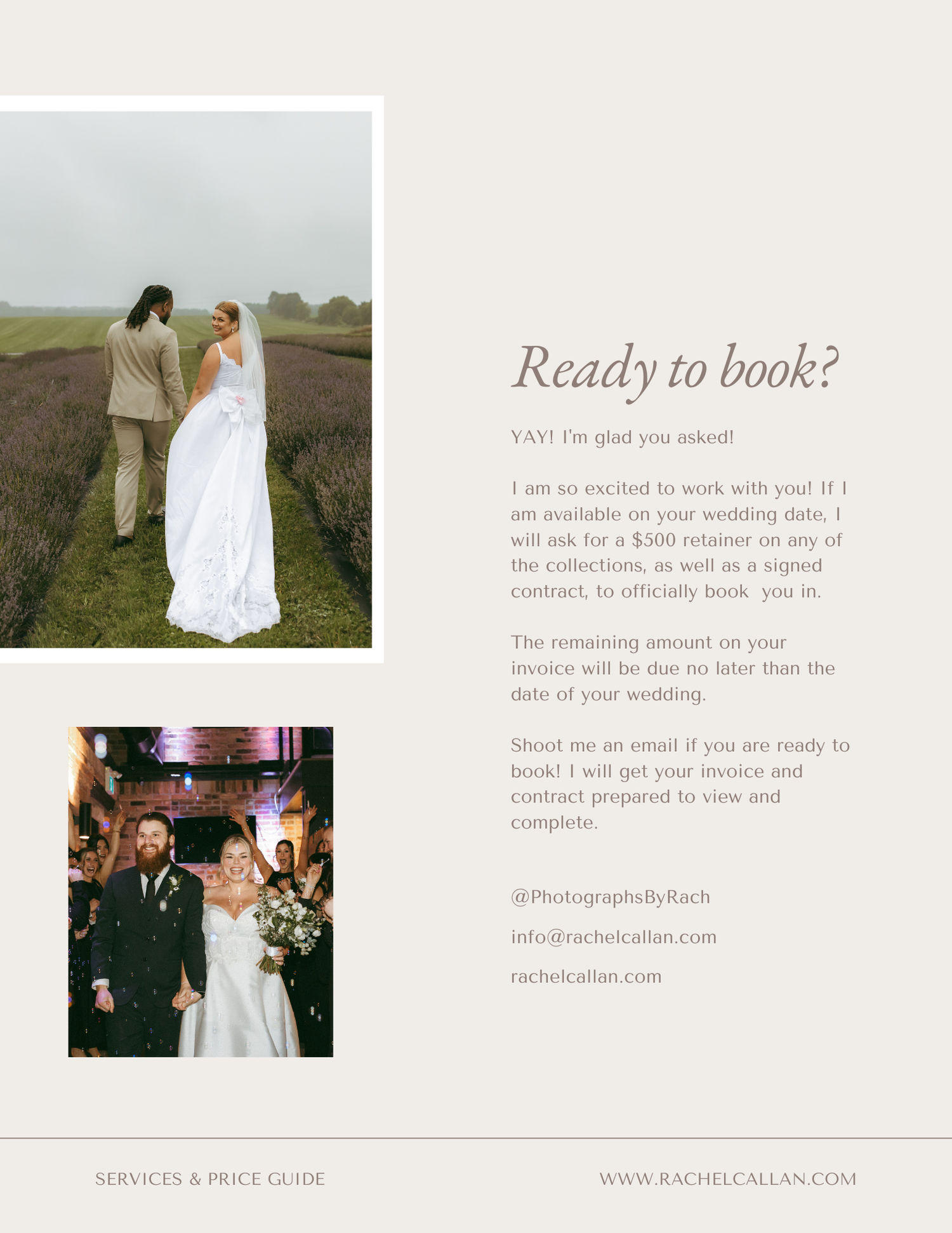 Wedding photography booking page shows outdoor and indoor ceremony photos with text about services and pricing details.