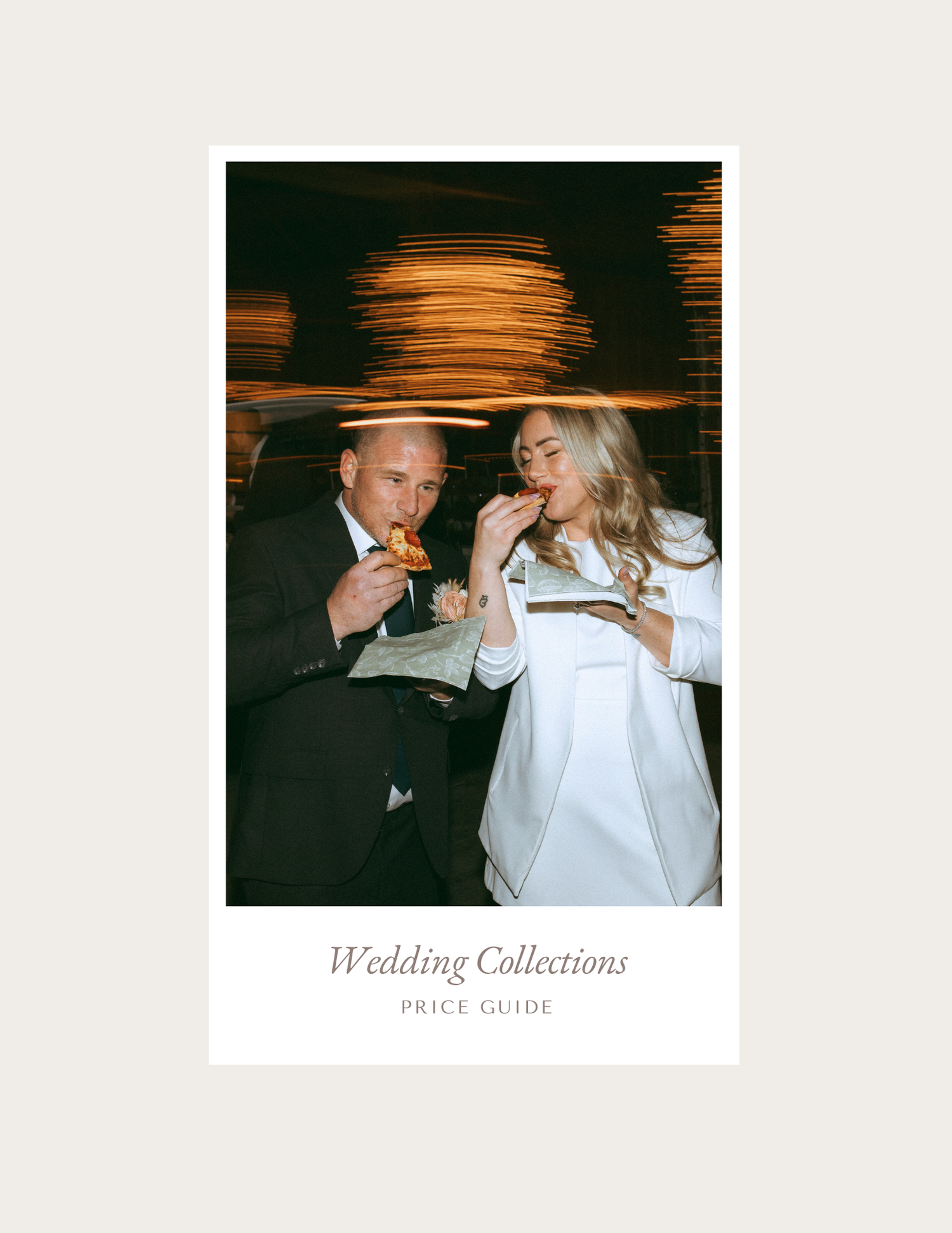 Elegant wedding photography pricing guide cover with warm-toned dancing couple photo.