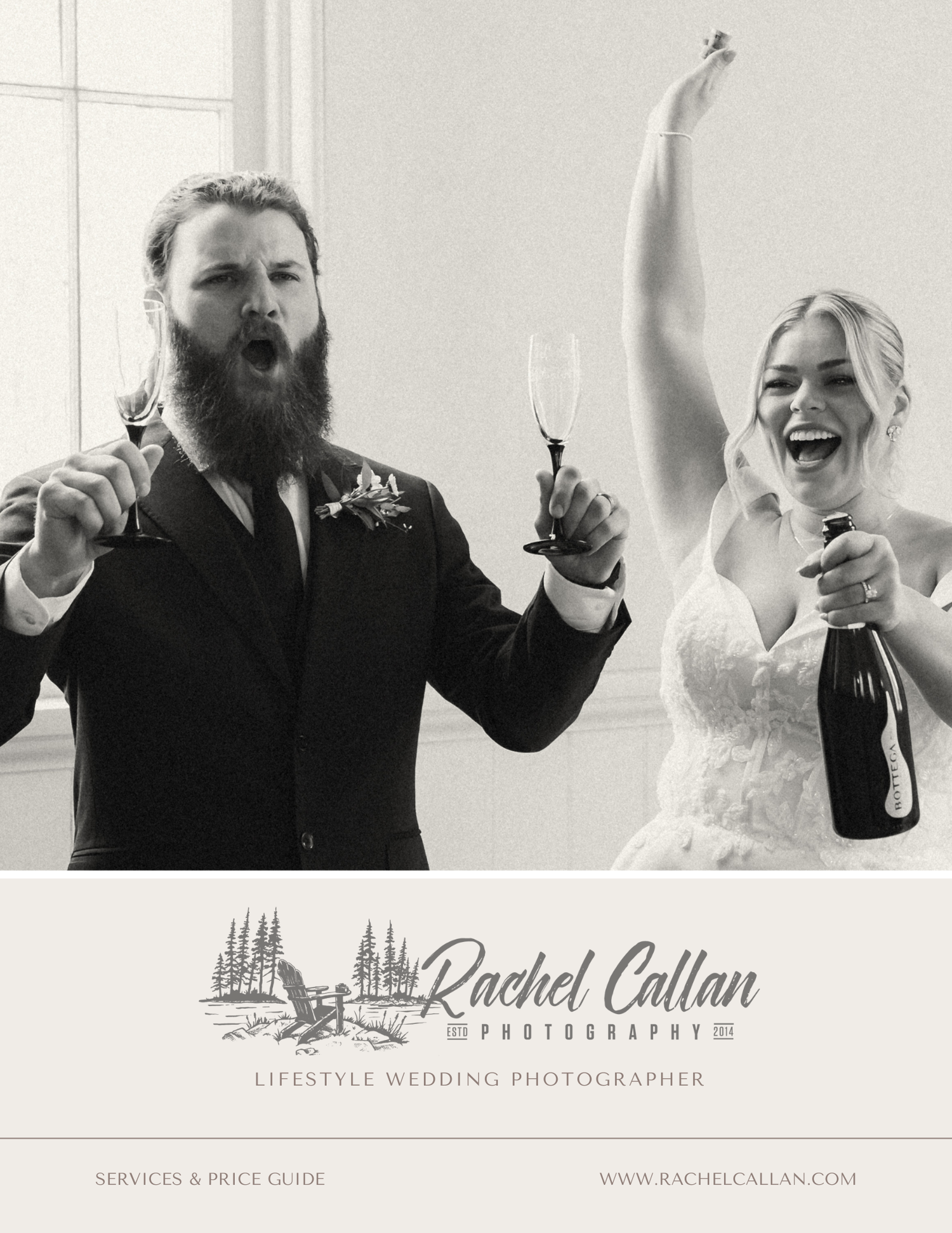 A joyful wedding celebration moment captured in black and white as the couple raises their champagne glasses.