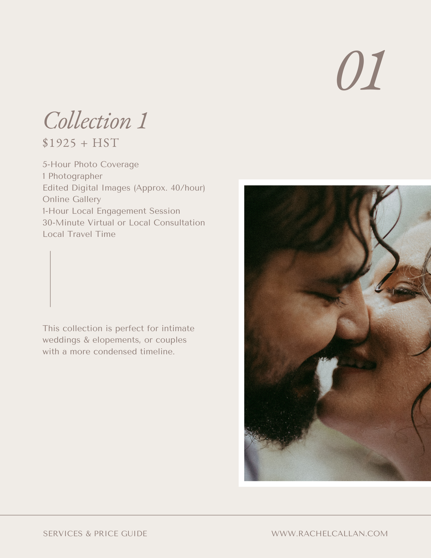 Elegant wedding photography pricing guide layout showing intimate couple moments and typography on a clean white background.