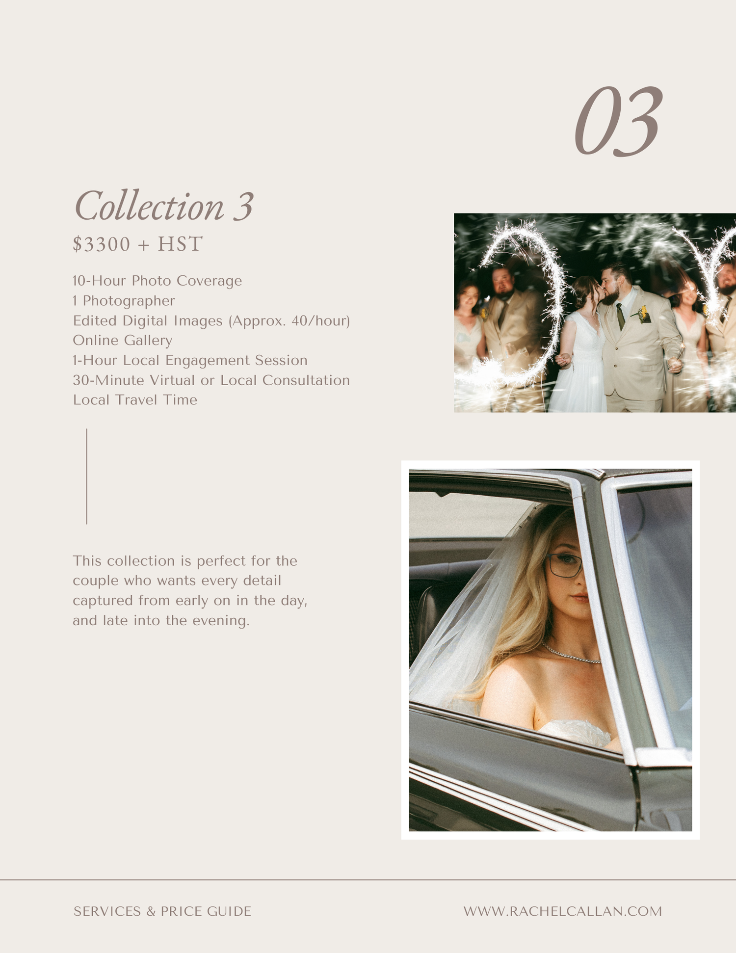 Wedding photography package layout featuring bride in vintage car with professional design elements.