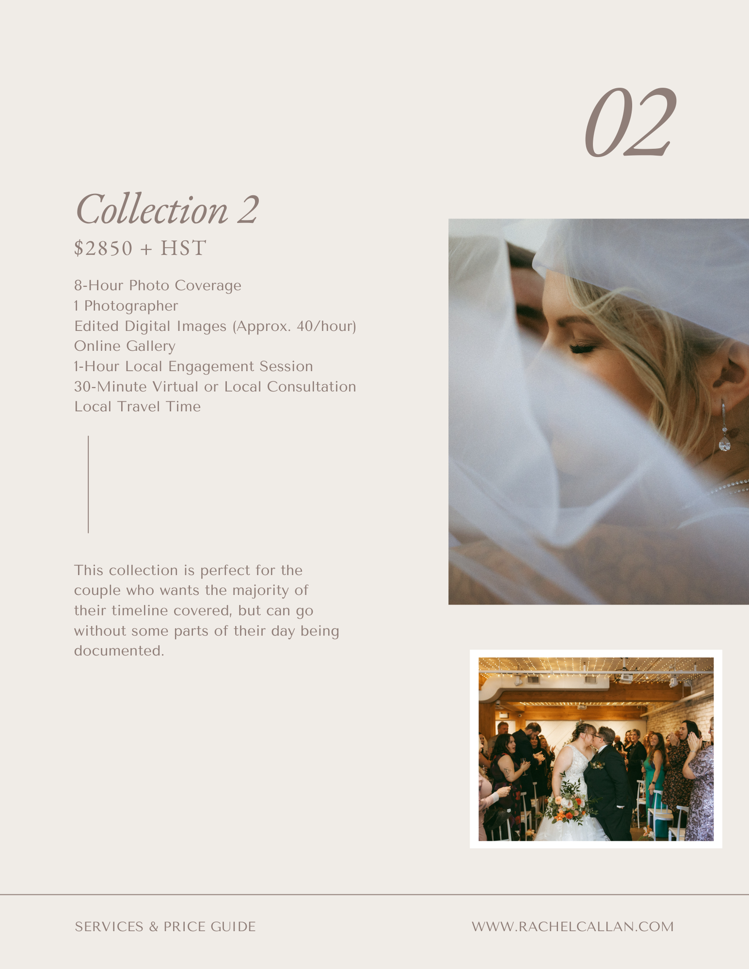Wedding photography collection guide displaying romantic moments and reception scenes with minimalist white design layout.