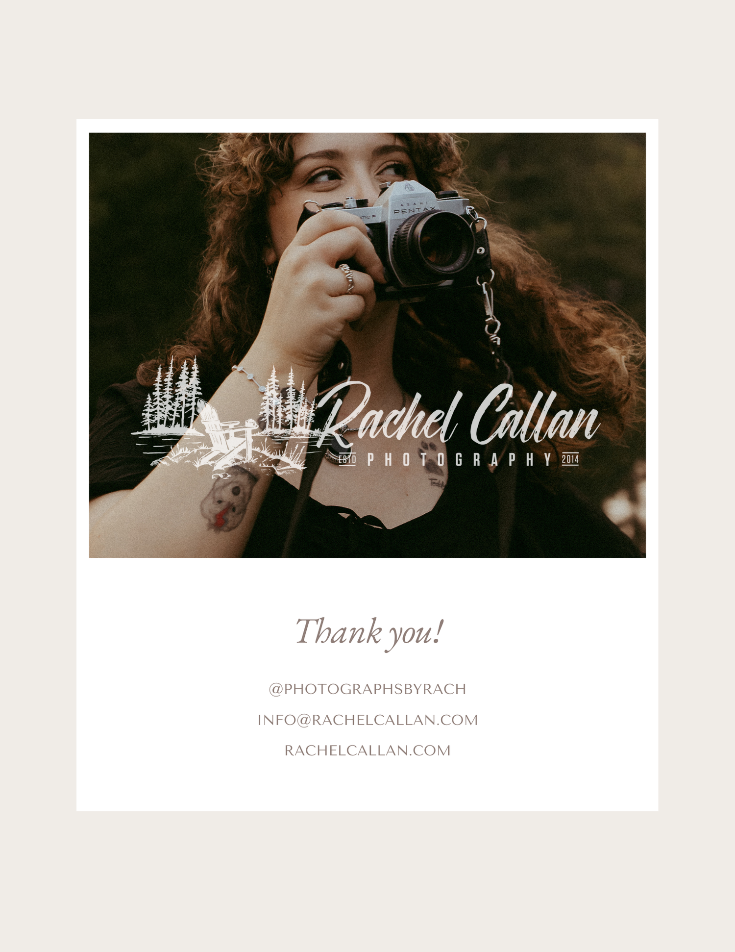 A minimalist photography logo design in white text on a neutral background with a decorative signature style.
