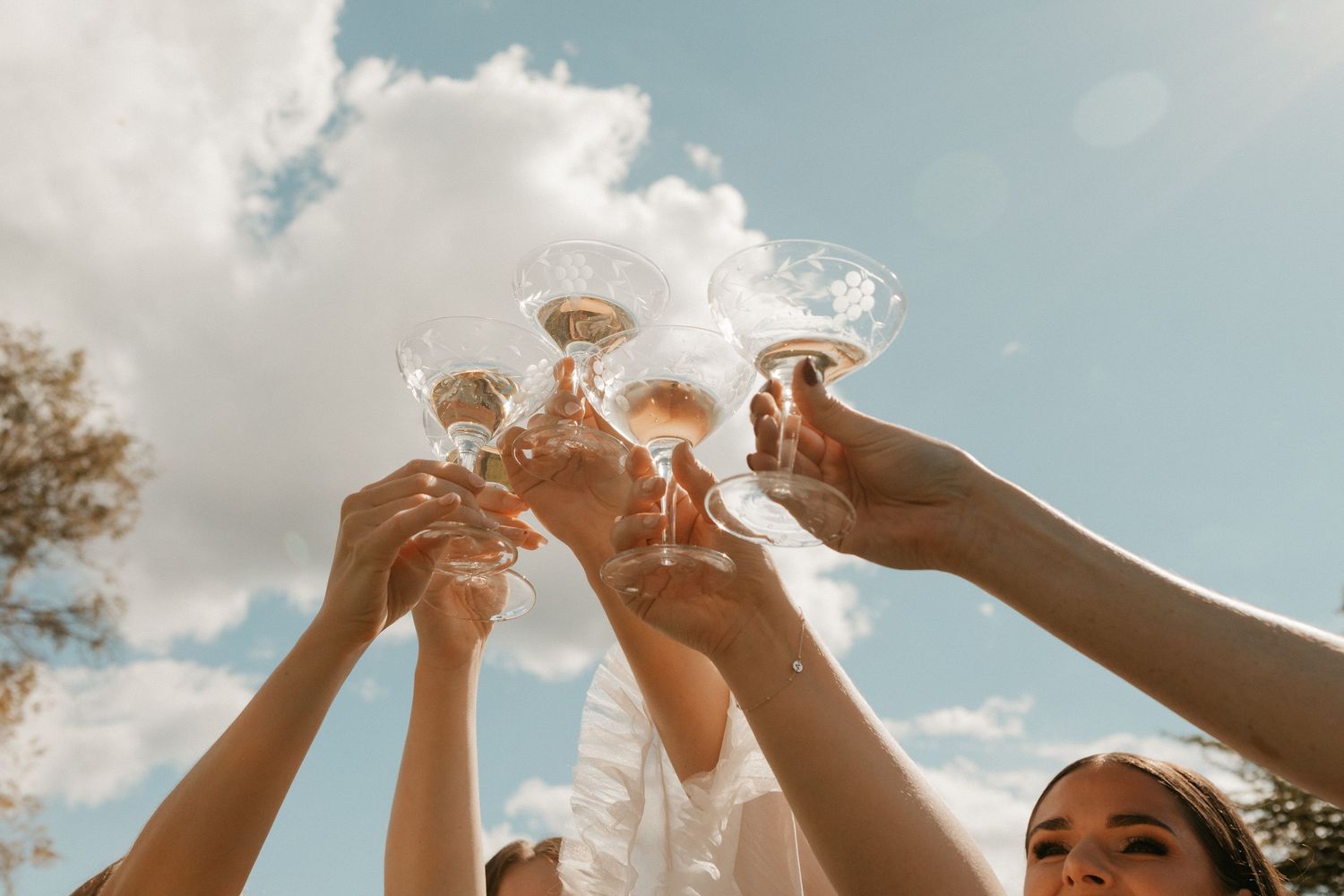 Wedding guests raising champagne glasses in a celebratory toast against a bright blue sky.
