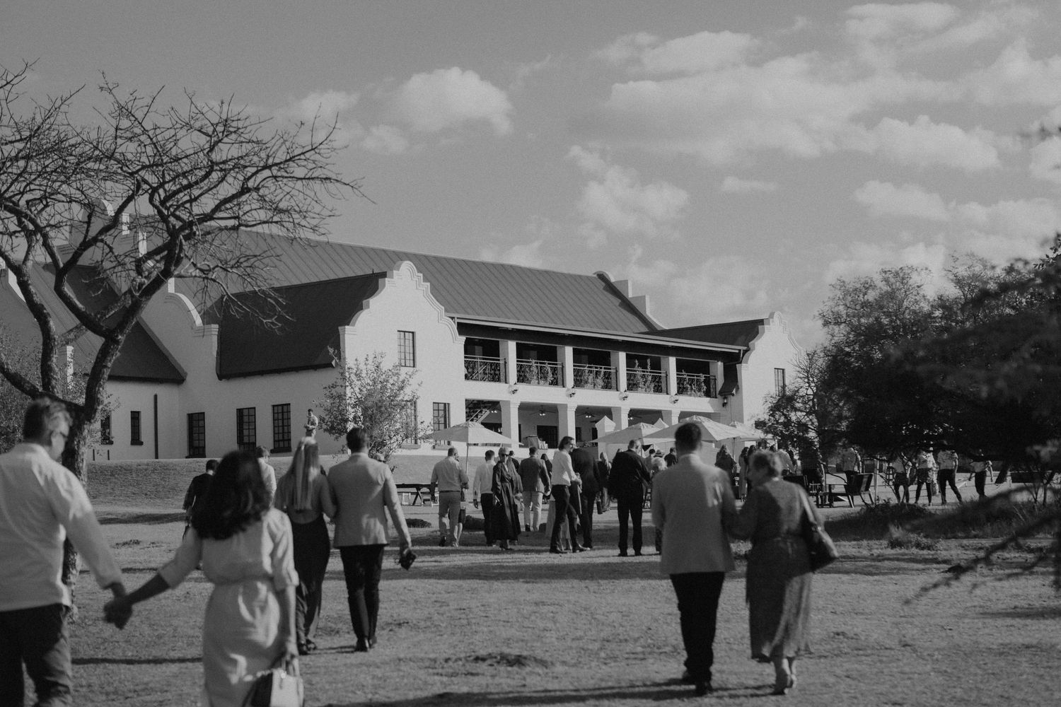 Black and white photo of wedding guests walking toward a grand white Cape Dutch venue.