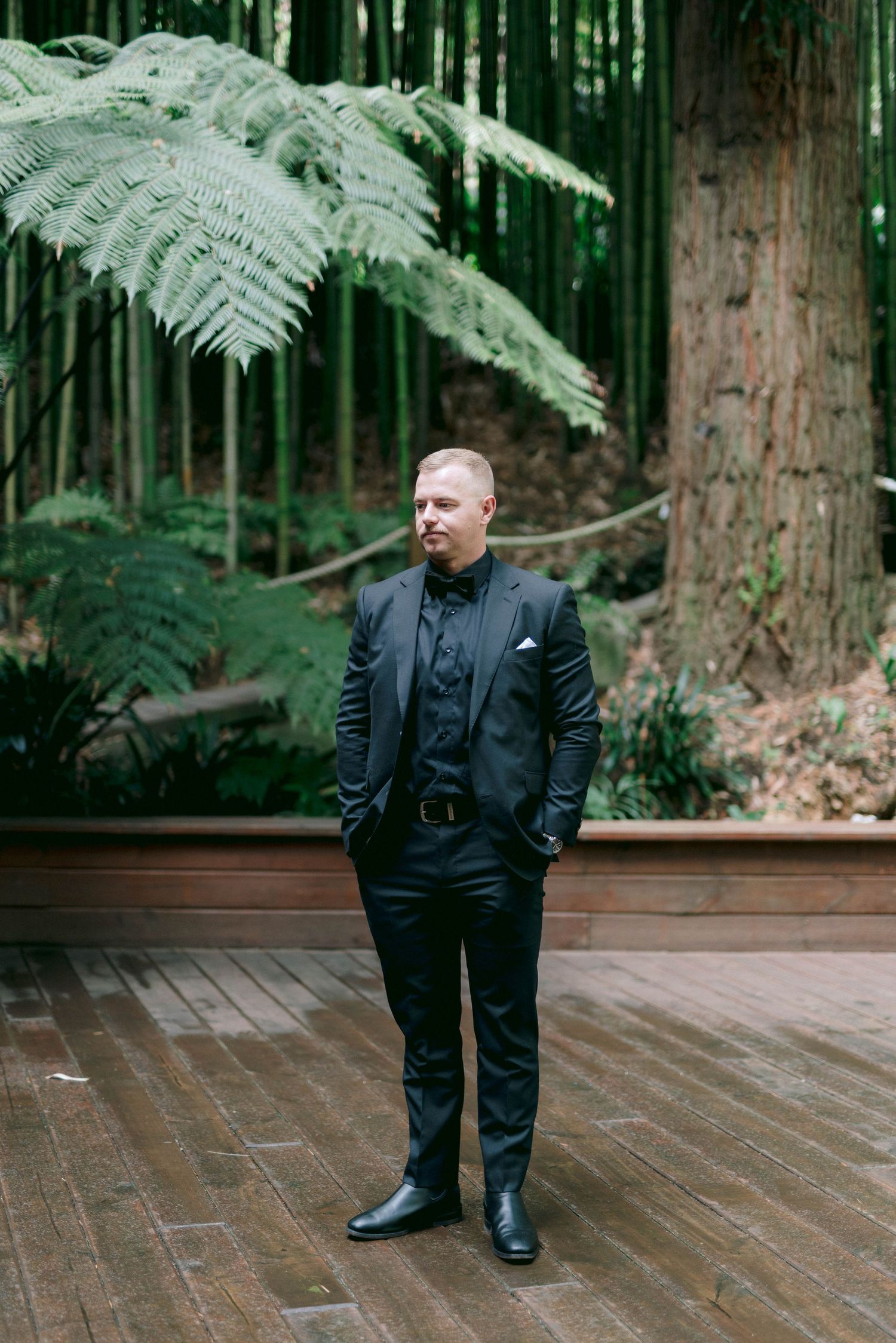 A groom in a black suit stands on a wooden deck surrounded by lush ferns and forest scenery.