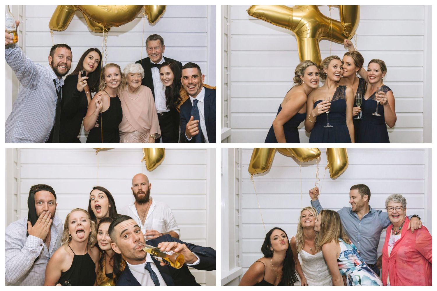 Group of friends celebrating at a party with gold number balloons and white brick wall background.