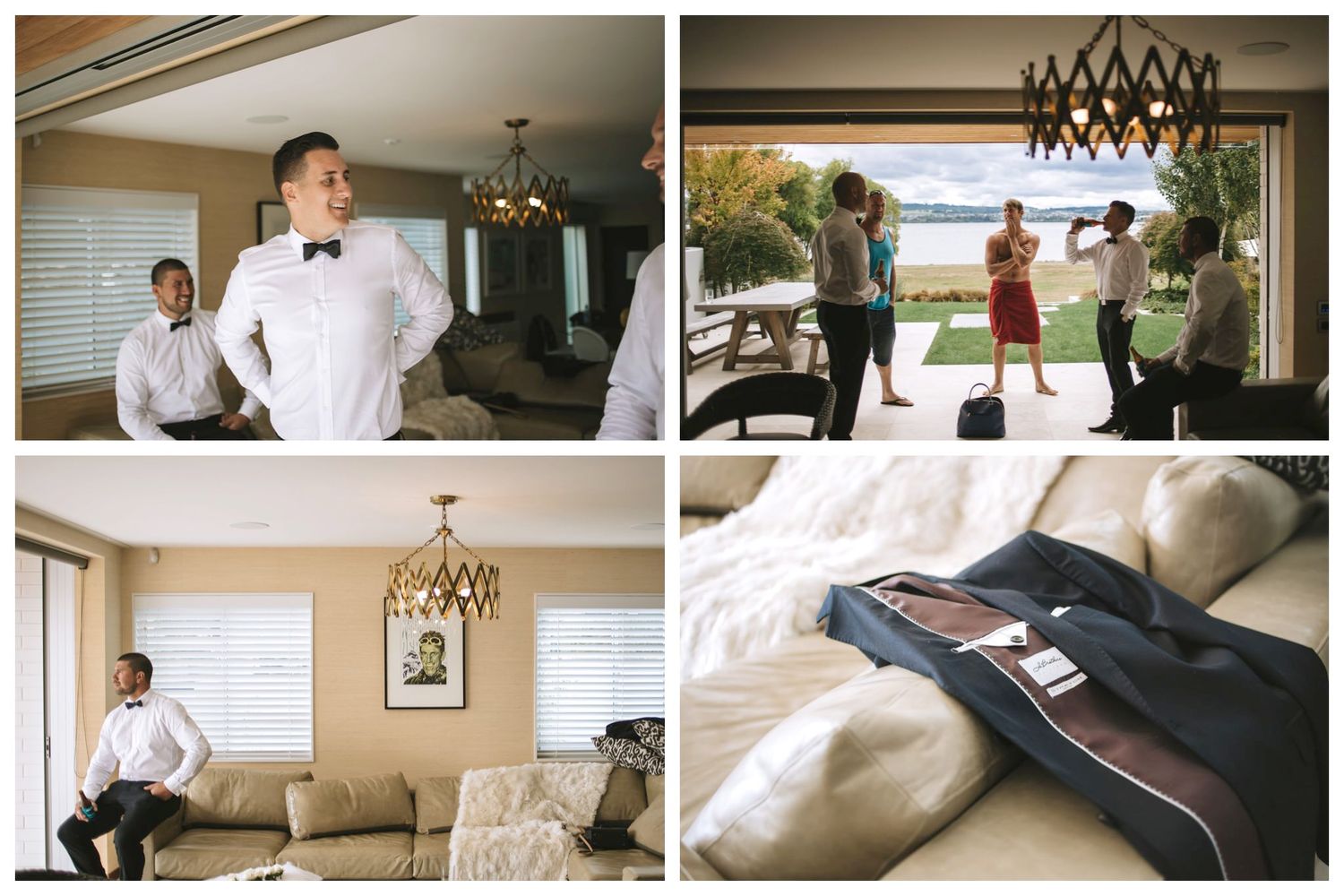 Four collaged images showing preparation moments with formal attire and an elegant indoor setting with ocean views.