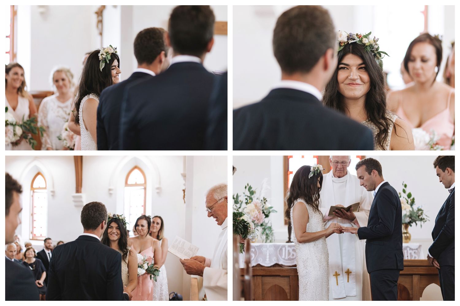 People gathered at a church for an elegant white wedding ceremony with classic decor and natural lighting.