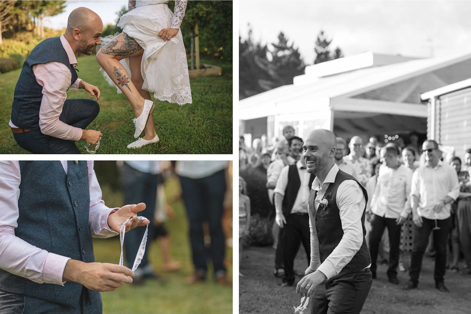 Wedding guests gather outdoors to watch a celebratory dance performance with rustic lighting and casual attire.