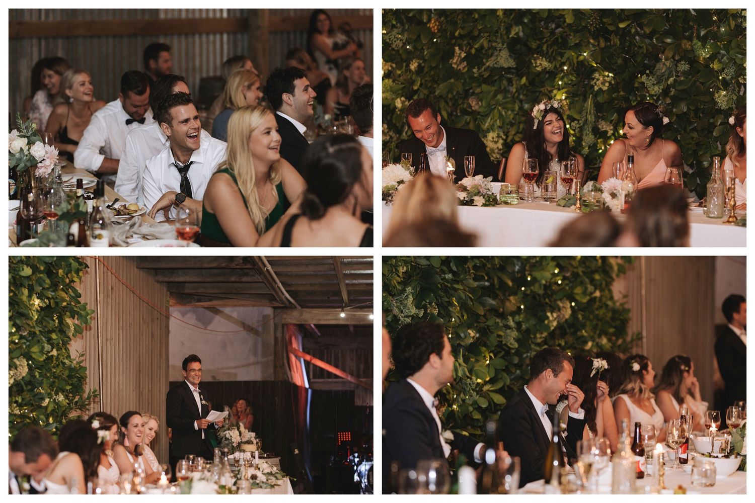 Reception guests enjoy dinner and conversation at an outdoor wedding celebration under twinkle lights.