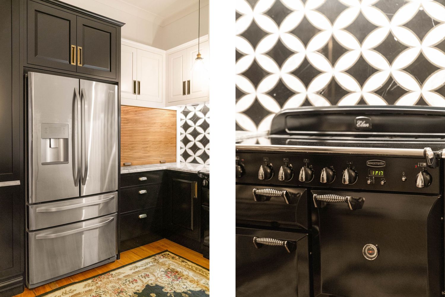 Modern black and stainless steel kitchen featuring French door refrigerator and professional range.