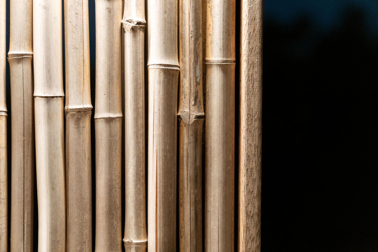 Close-up of natural bamboo fence panels creating a textured pattern against dark background.