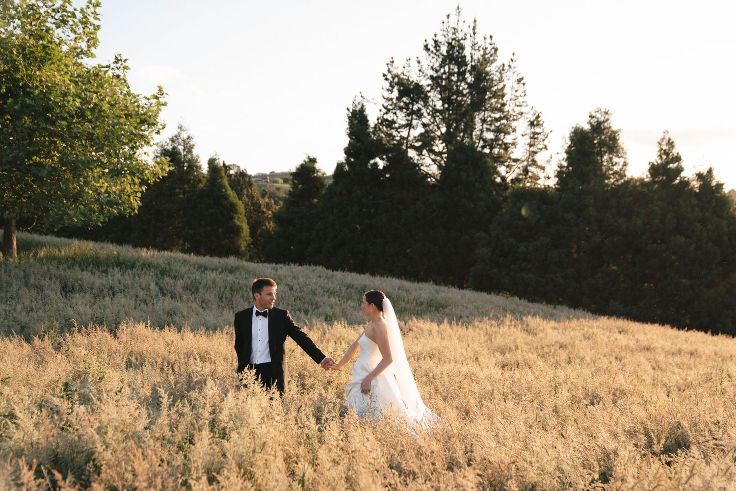 A couple strolls through a golden grass field at sunset during their outdoor portrait session.