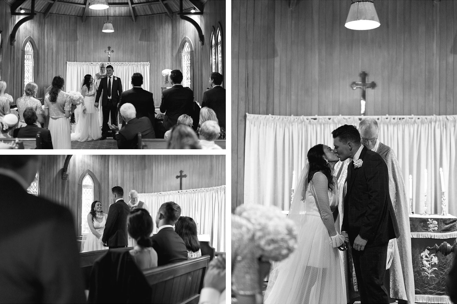 Black and white church wedding photos showing ceremony and reception moments in a traditional chapel setting.