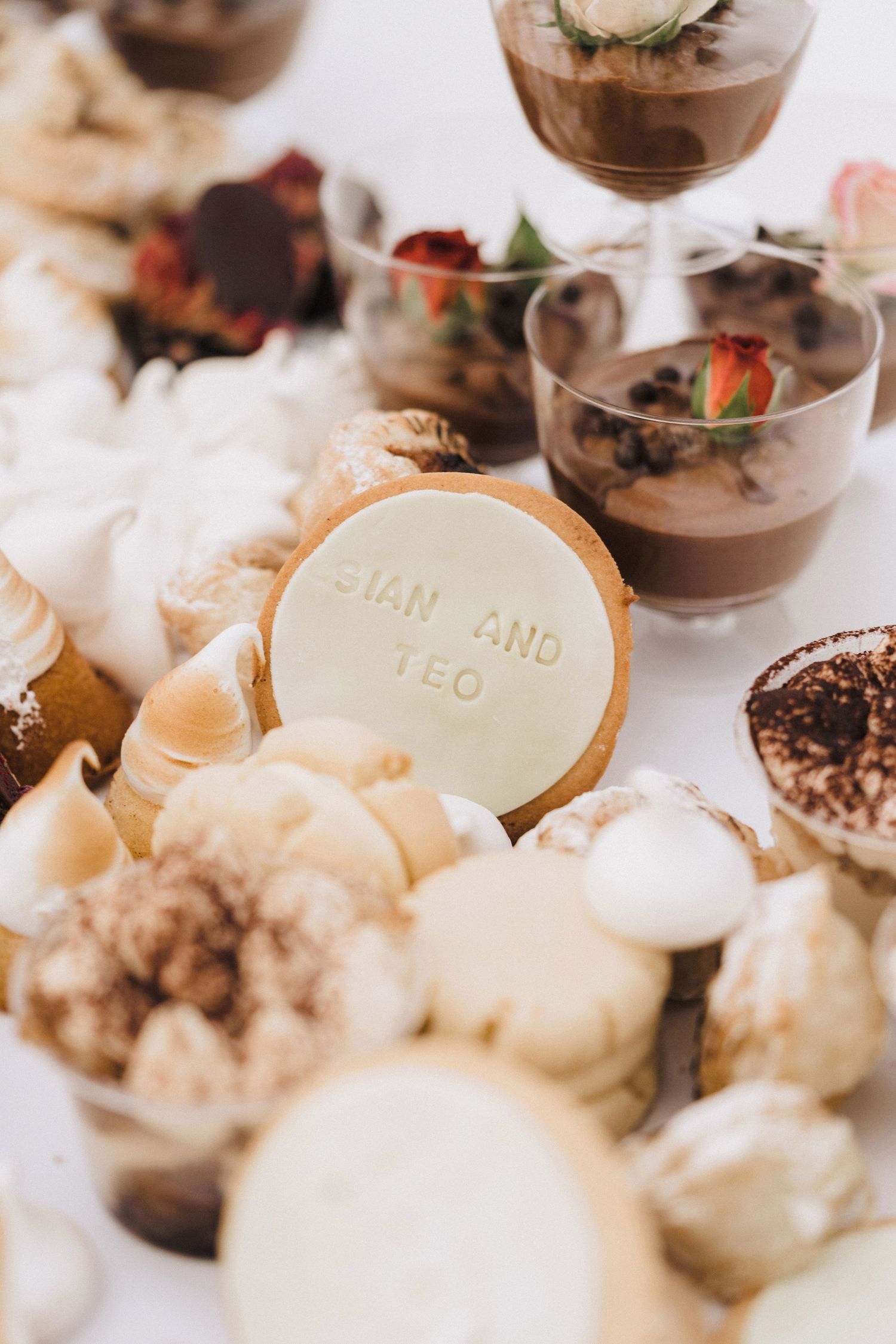 Elegant dessert display featuring various mini desserts and cookies arranged on white surface.