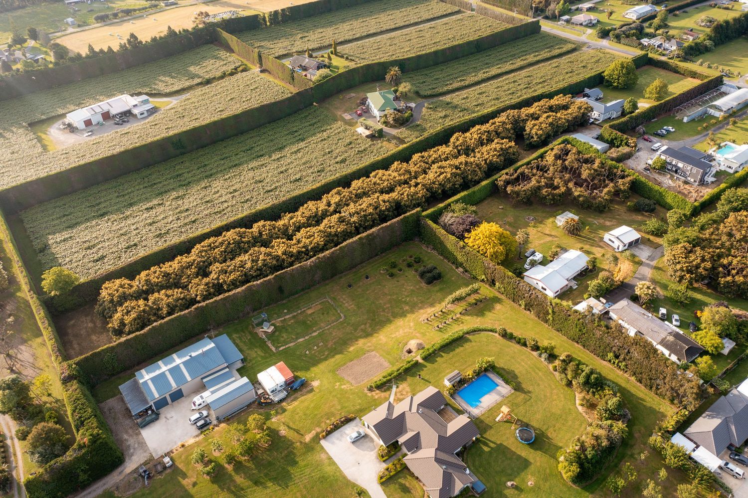 Aerial drone view of a sprawling property with green lawns and buildings in golden sunlight.